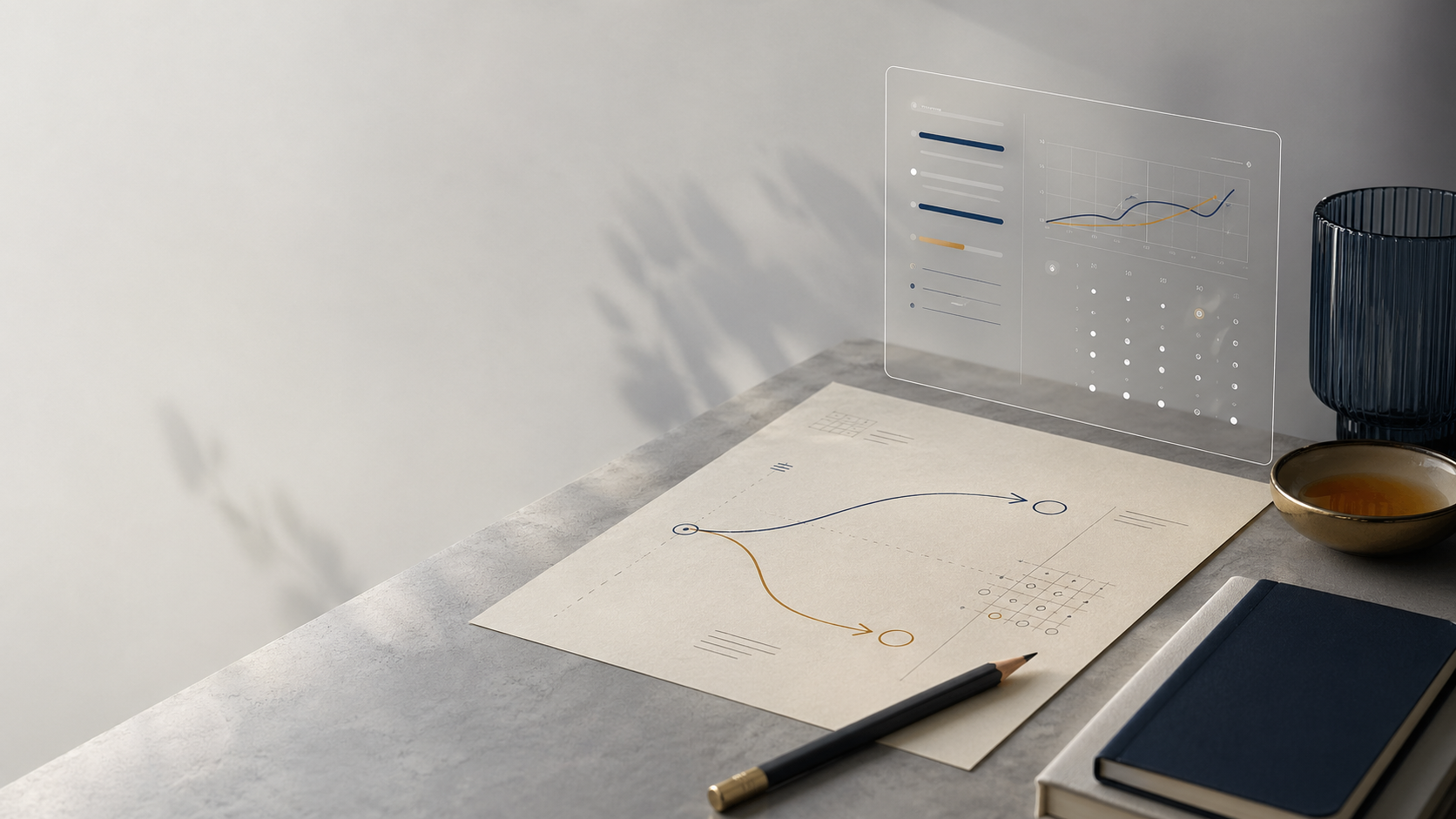 Decision map on paper with an AI chart overlay